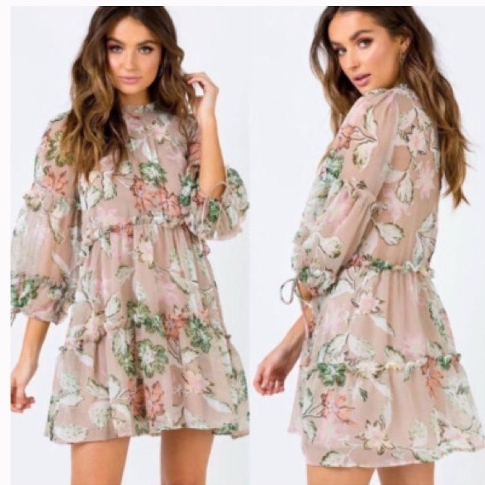 Princess Polly Eden Bloom Mini Dress in the taupe blush with floral design US 4